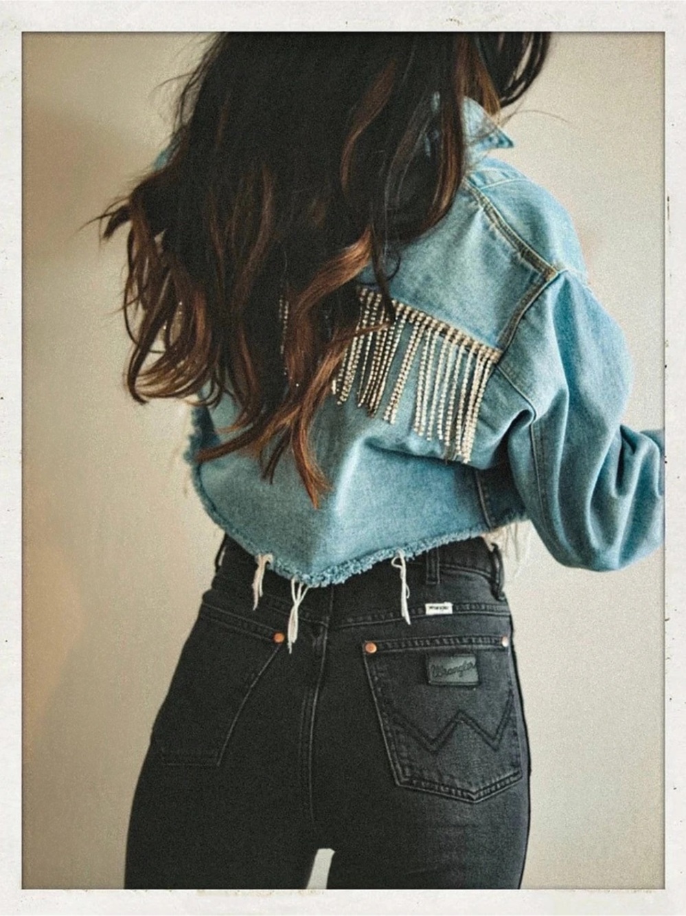 Cropped Fringe Denim Jacket in Blue Like New
